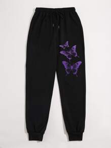 SHEIN Unity Pantalones deportivos con estampado de mariposa de cintura con cordón - Negro - Ver 5