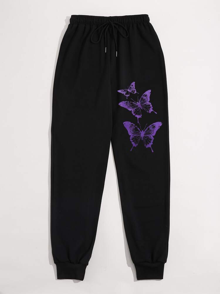 SHEIN Unity Butterfly Print Drawstring Waist Sweatpants - Black - View 5