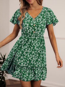 SHEIN VCAY Ditsy Floral Print V-neck Ruffle Hem Dress - Green - View 1