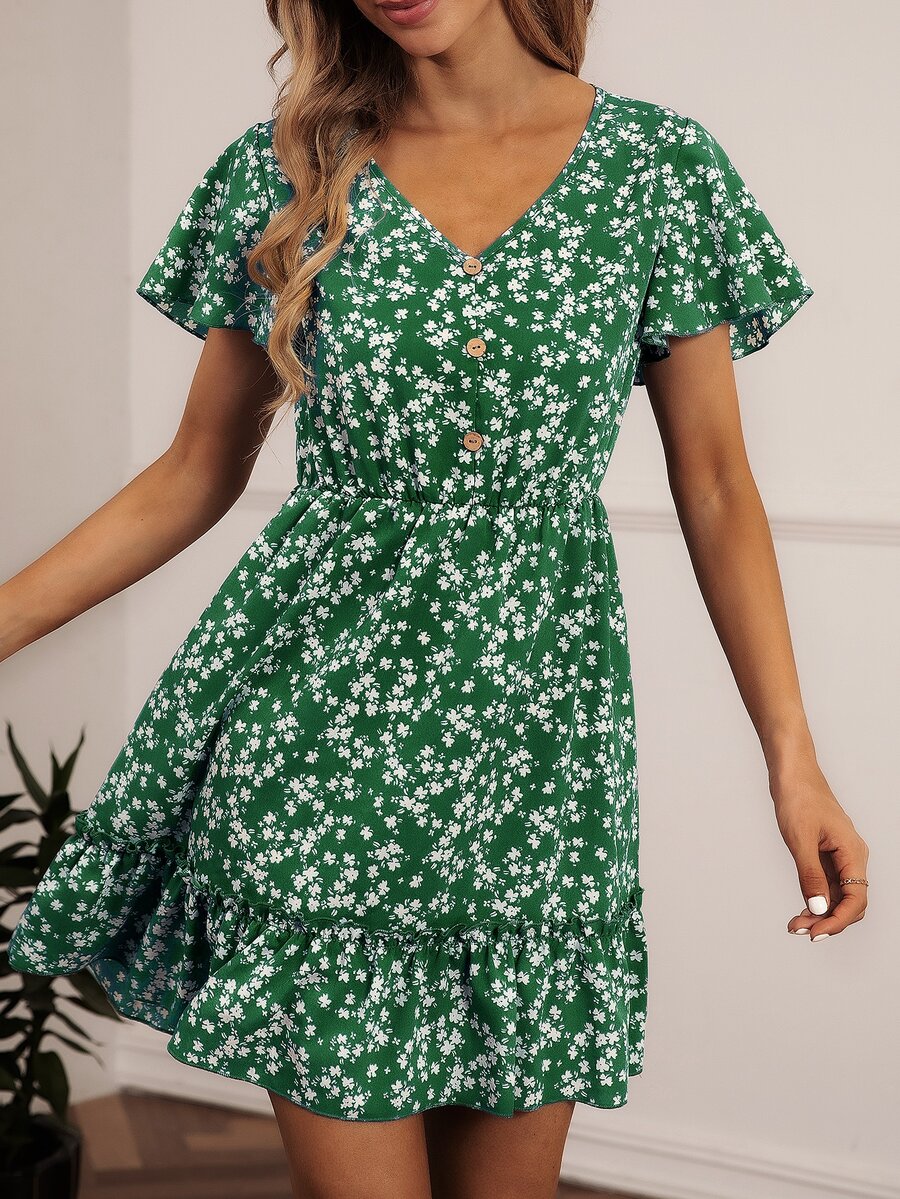 SHEIN VCAY Ditsy Floral Print V-neck Ruffle Hem Dress - Green - View 1
