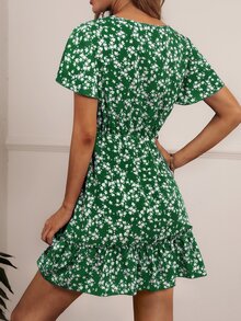 SHEIN VCAY Ditsy Floral Print V-neck Ruffle Hem Dress - Green - View 2