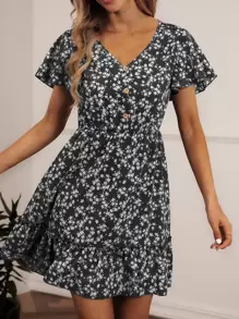 SHEIN VCAY Ditsy Floral Print V-neck Ruffle Hem Dress - Black and White - View 1