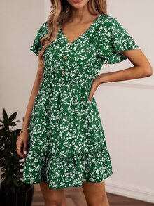 SHEIN VCAY Ditsy Floral Print V-neck Ruffle Hem Dress - Green - View 3