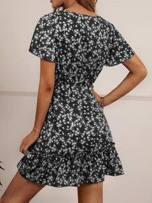 SHEIN VCAY Ditsy Floral Print V-neck Ruffle Hem Dress - Black and White - View 2