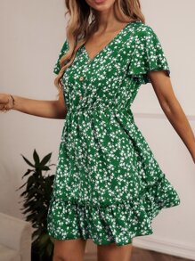 SHEIN VCAY Ditsy Floral Print V-neck Ruffle Hem Dress - Green - View 4
