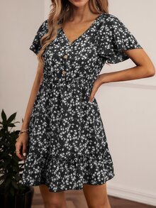 SHEIN VCAY Ditsy Floral Print V-neck Ruffle Hem Dress - Black and White - View 3