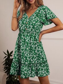 SHEIN VCAY Ditsy Floral Print V-neck Ruffle Hem Dress - Green - View 5
