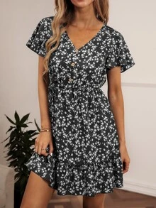 SHEIN VCAY Ditsy Floral Print V-neck Ruffle Hem Dress - Black and White - View 4