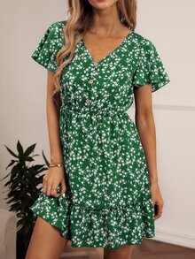 SHEIN VCAY Ditsy Floral Print V-neck Ruffle Hem Dress - Green - View 6