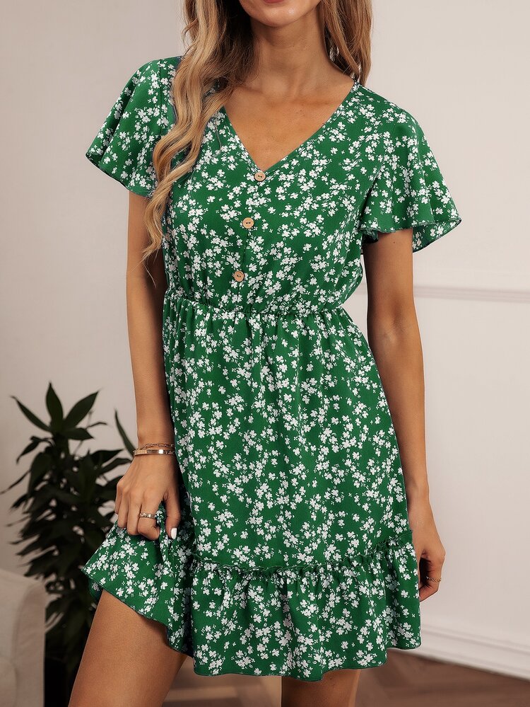 SHEIN VCAY Ditsy Floral Print V-neck Ruffle Hem Dress - Green - View 6