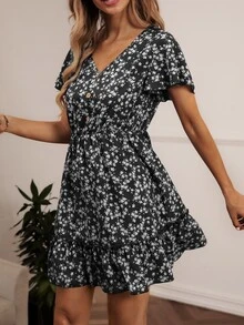 SHEIN VCAY Ditsy Floral Print V-neck Ruffle Hem Dress - Black and White - View 5