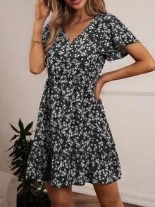 SHEIN VCAY Ditsy Floral Print V-neck Ruffle Hem Dress - Black and White - View 6