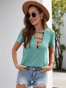 Solid Cut Out Front Tee - Cadet Blue - View 4
