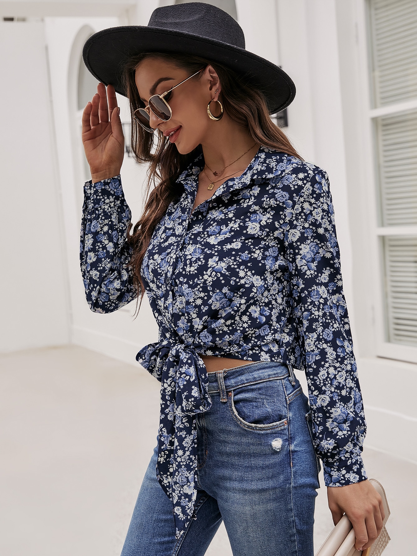 Allover Floral Print Knot Hem Crop Shirt SHEIN USA
