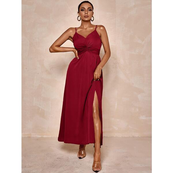 

Twist Front Split Thigh Maxi Cami Dress, Red