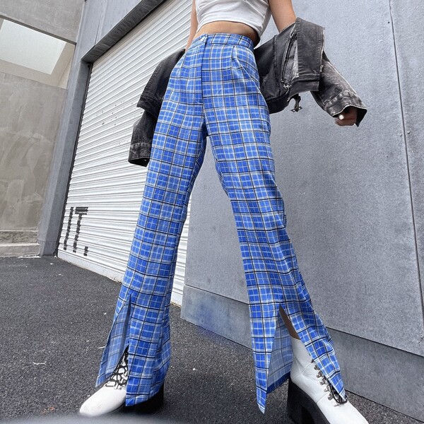 

Tartan Slit Hem Pants, Blue