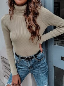 SHEIN Unity 高领罗纹针织套头衫，秋冬款 - 杏色 - 查看 1
