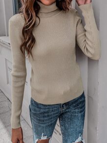 SHEIN Unity 高领罗纹针织套头衫，秋冬款 - 杏色 - 查看 3