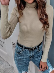 SHEIN Unity 高领罗纹针织套头衫，秋冬款 - 杏色 - 查看 4