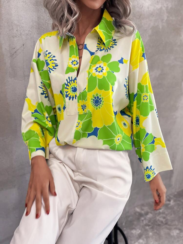 Floral Print Notched Collar Flounce Sleeve Blouse - Multicolor - View 3