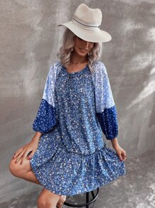 SHEIN Unity Đầm Viên lá sen Họa tiết hoa Boho - Màu xanh lam - Xem 1
