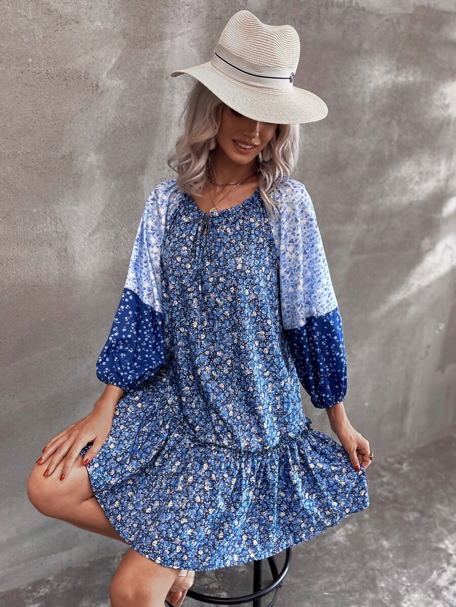 SHEIN Unity Đầm Viên lá sen Họa tiết hoa Boho - Màu xanh lam - Xem 1