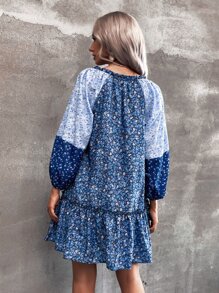 SHEIN Unity Đầm Viên lá sen Họa tiết hoa Boho - Màu xanh lam - Xem 2