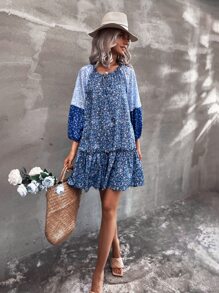 SHEIN Unity Đầm Viên lá sen Họa tiết hoa Boho - Màu xanh lam - Xem 3