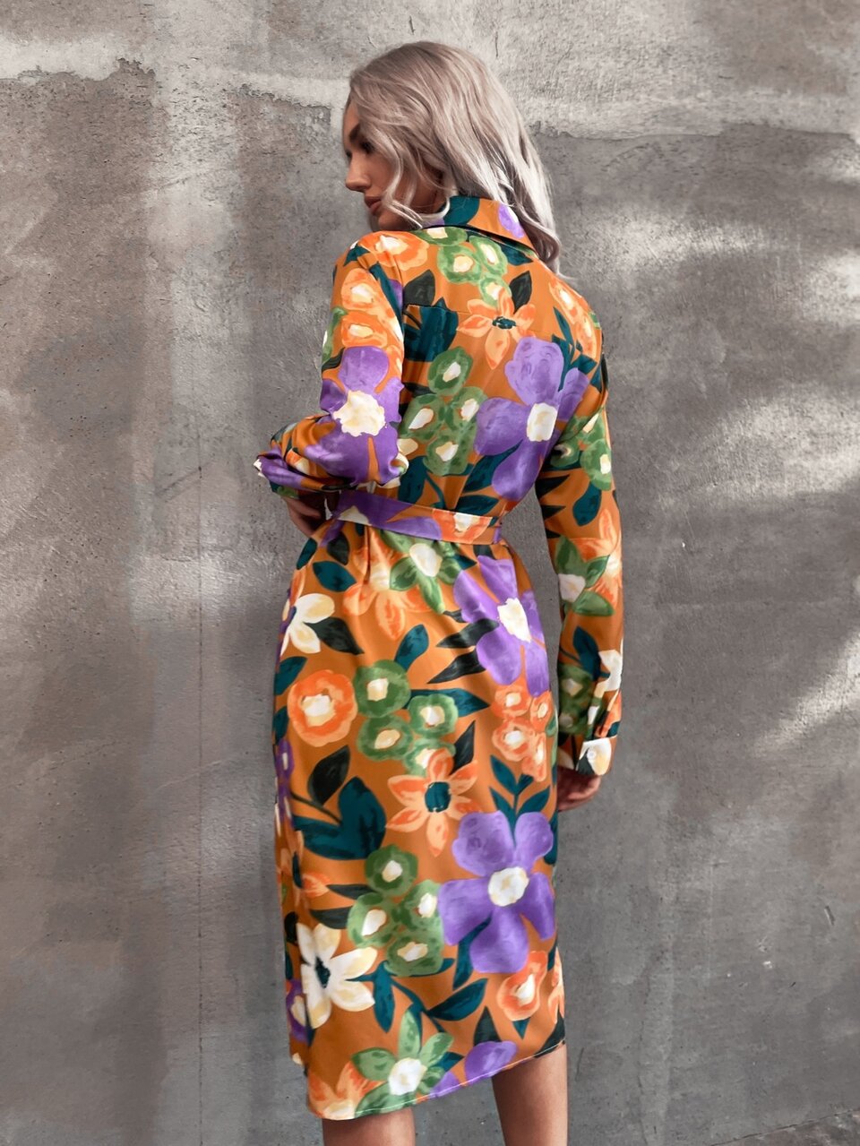 Floral Print Lantern Sleeve Button Front Belted Shirt Dress