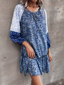 SHEIN Unity Đầm Viên lá sen Họa tiết hoa Boho - Màu xanh lam - Xem 4