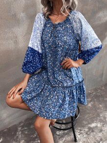 SHEIN Unity Đầm Viên lá sen Họa tiết hoa Boho - Màu xanh lam - Xem 5