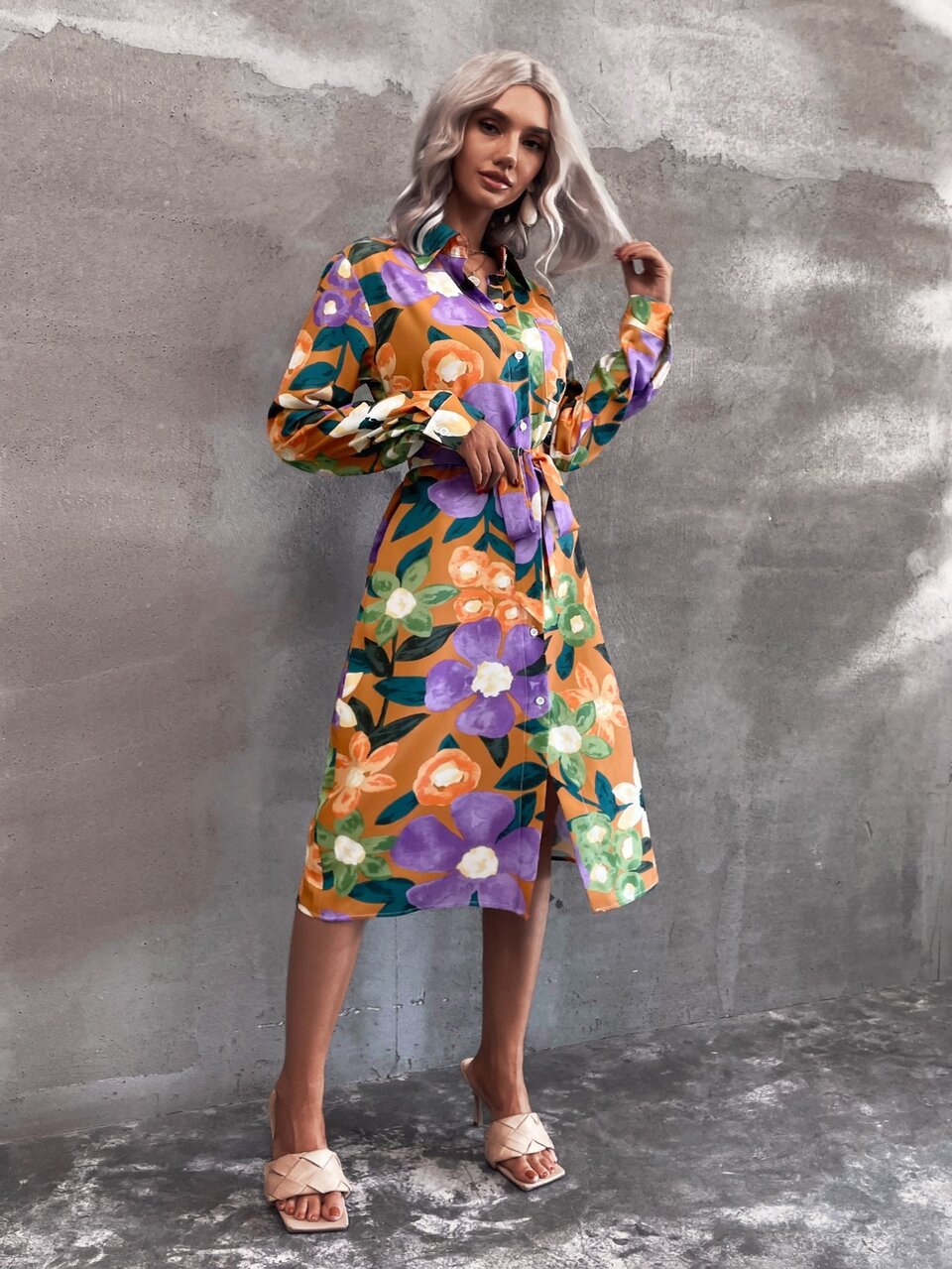 Floral Print Lantern Sleeve Button Front Belted Shirt Dress