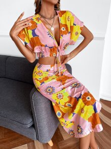 SHEIN Unity Bộ thời trang Thắt nút Xù Tách cao Hoa Tất cả trên in Boho - Nhiều màu - Xem 1