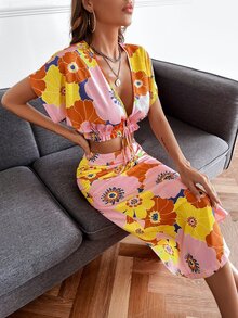 SHEIN Unity Bộ thời trang Thắt nút Xù Tách cao Hoa Tất cả trên in Boho - Nhiều màu - Xem 5