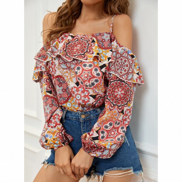 

Mandala Print Cold Shoulder Blouse, Multicolor