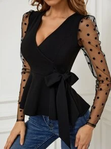 SHEIN Clasi Contrast Dobby Mesh Sleeve Belted Top - Black - View 1