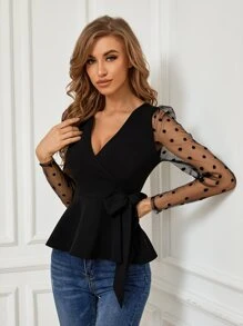 SHEIN Clasi Contrast Dobby Mesh Sleeve Belted Top - Black - View 4