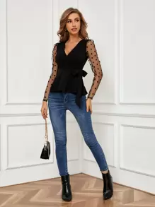 SHEIN Clasi Contrast Dobby Mesh Sleeve Belted Top - Black - View 6