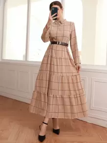 格紋荷葉邊下擺不附腰帶襯衫洋裝 - 卡其色 - 查看 1