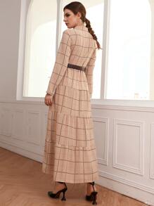 格紋荷葉邊下擺不附腰帶襯衫洋裝 - 卡其色 - 查看 2