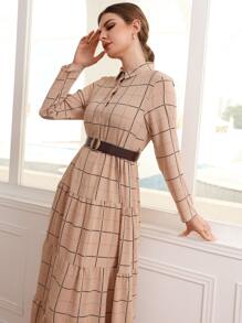 格紋荷葉邊下擺不附腰帶襯衫洋裝 - 卡其色 - 查看 3