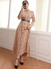 格紋荷葉邊下擺不附腰帶襯衫洋裝 - 卡其色 - 查看 4