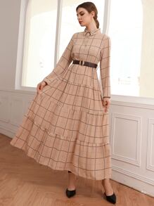 格紋荷葉邊下擺不附腰帶襯衫洋裝 - 卡其色 - 查看 5