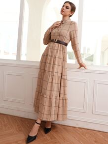 格紋荷葉邊下擺不附腰帶襯衫洋裝 - 卡其色 - 查看 6