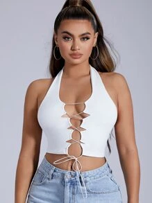 SHEIN SXY 前繫帶繞頸短上衣 - 白色 - 查看 1