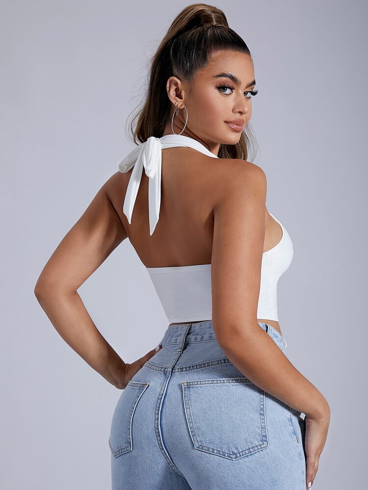 SHEIN SXY Áo hai dây Ren lên Buộc lại màu trơn Gợi cảm - trắng - Xem 2