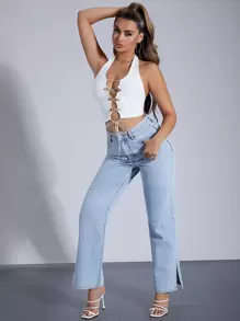 SHEIN SXY 前繫帶繞頸短上衣 - 白色 - 查看 3