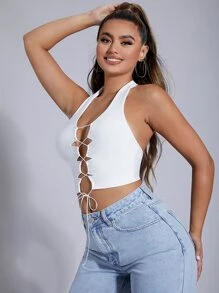 SHEIN SXY 前繫帶繞頸短上衣 - 白色 - 查看 4