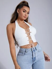 SHEIN SXY 前繫帶繞頸短上衣 - 白色 - 查看 5