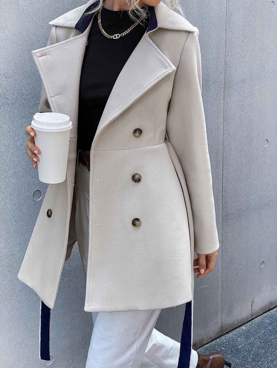 Chiquease Double Breasted Lapel Neck Belted Overcoat Fall Winter Cloth For Women - Beige - View 1